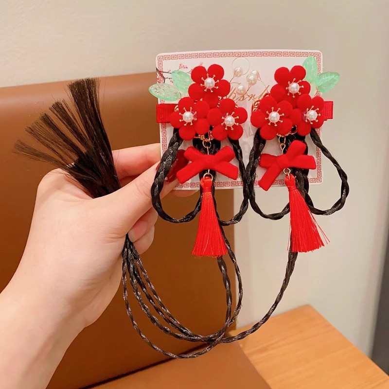 Set kẹp nơ trung hoa tóc giả dài 3 hoa 1755