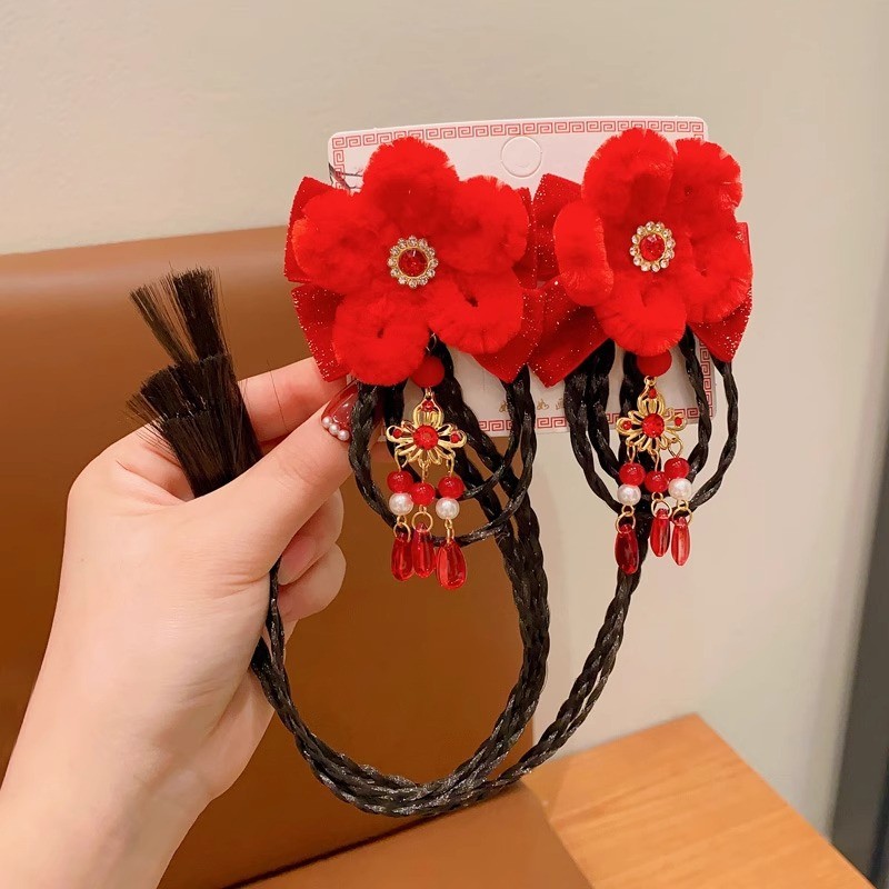 Set kẹp nơ trung hoa tóc giả dài hoa nhung 1754