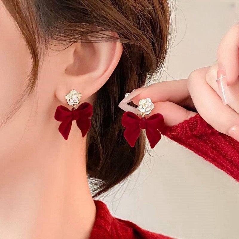 Bông tai đỏ nhung hoa thả nơ 1574