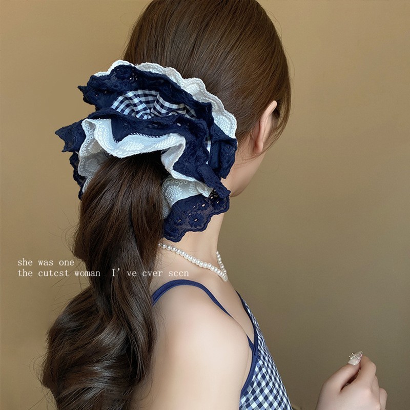 Coptj scrunchies 4 lớp xanh đen ren caro 4893