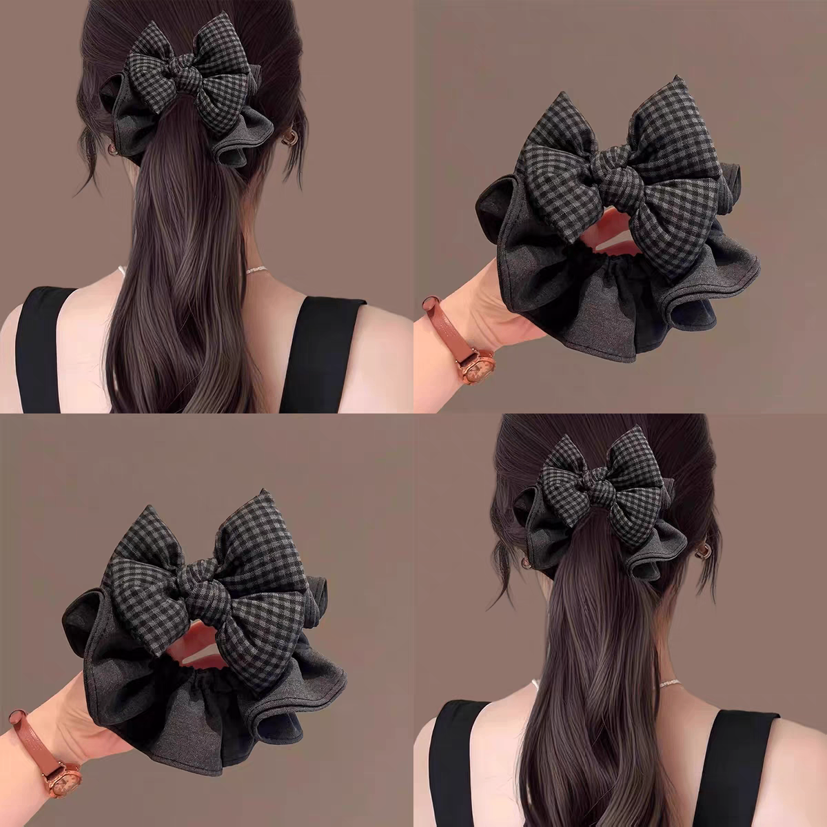 Cột scrunchies nơ bông phồng xám 4904