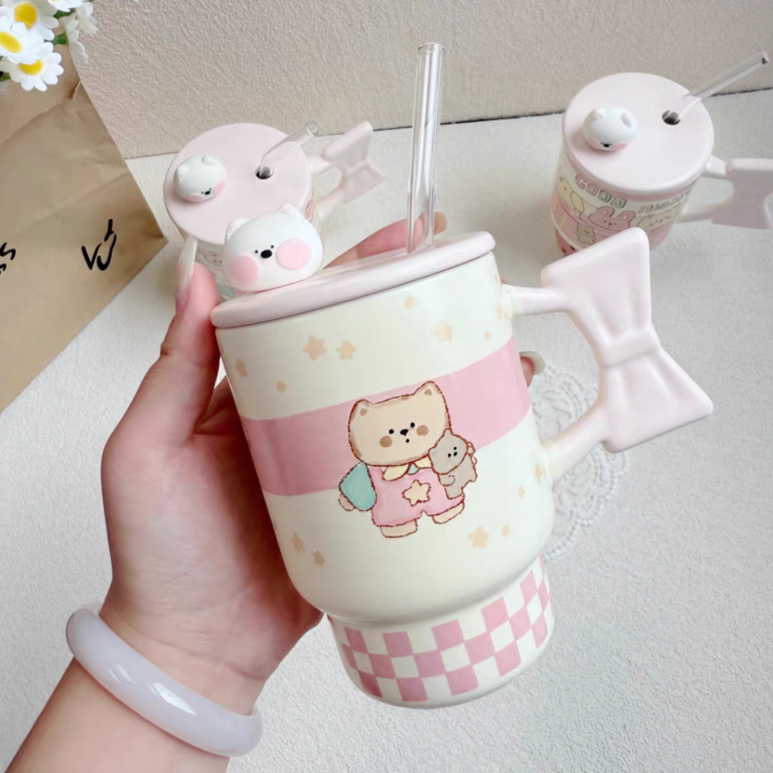 Cốc sứ quai nơ nắp cún 306