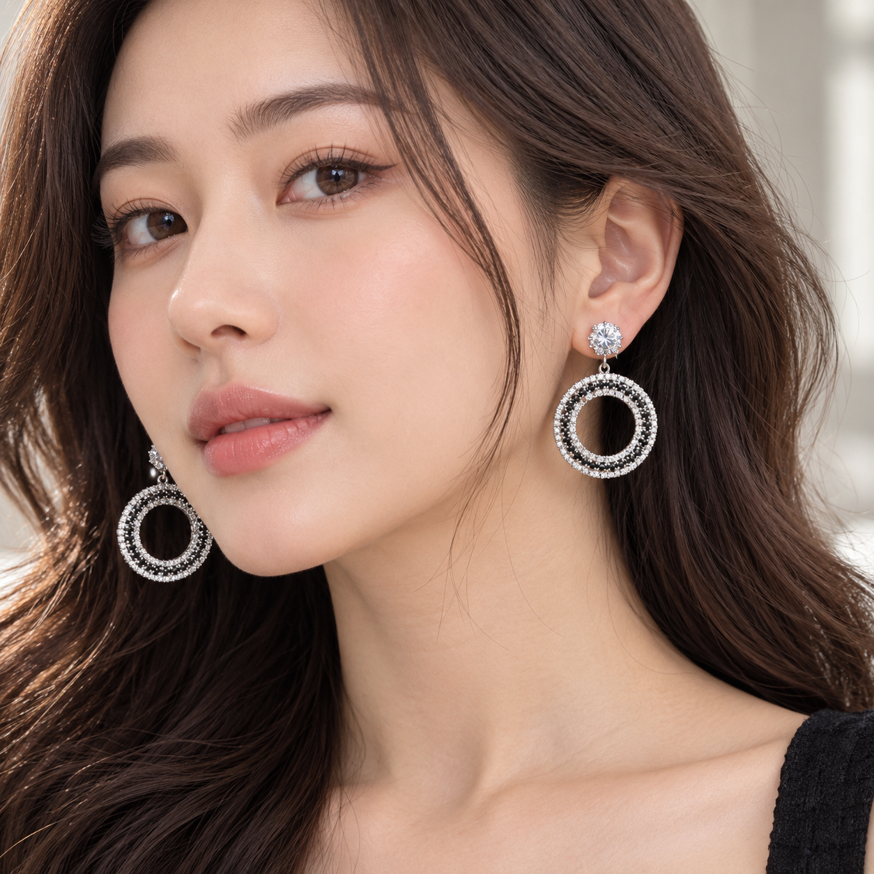 Bông tai đá thả đá tròn đen lớn s925 2047