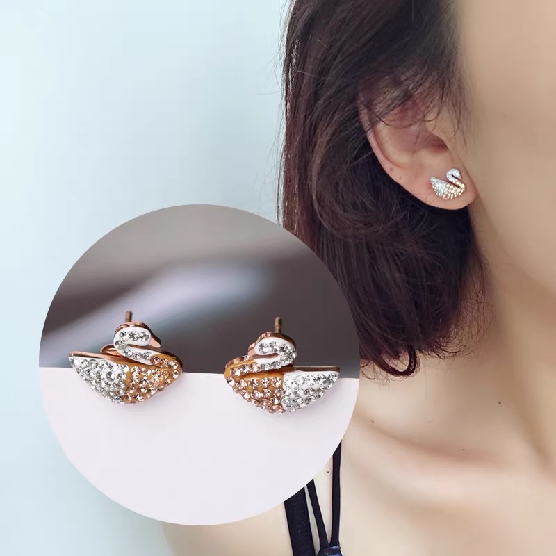 Bông tai titan thiên nga đá trắng đen 1039