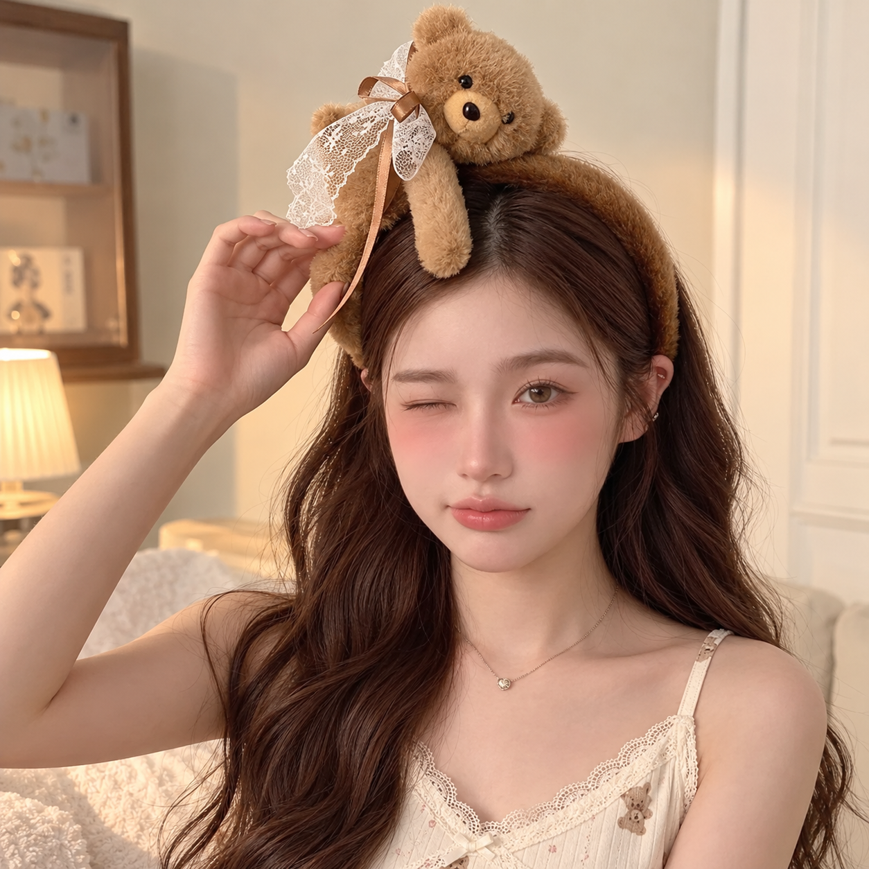 Cài bông gấu nâu nơ ren lớn 1691