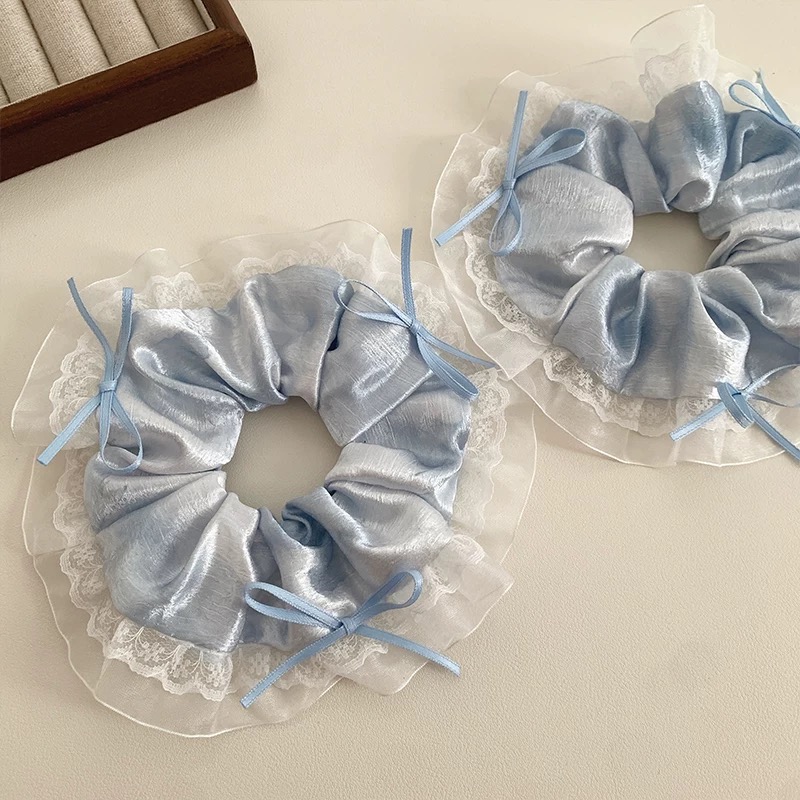 Cột scrunchies lụa ren nơ xanh 5074