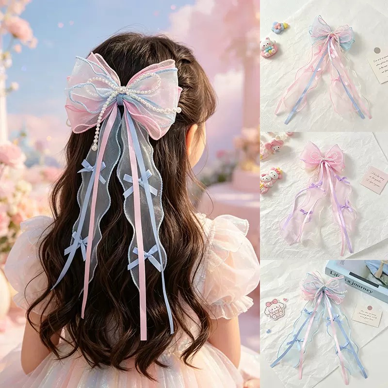 Kẹp tóc nơ bướm ngọc lớn voan organza 5183