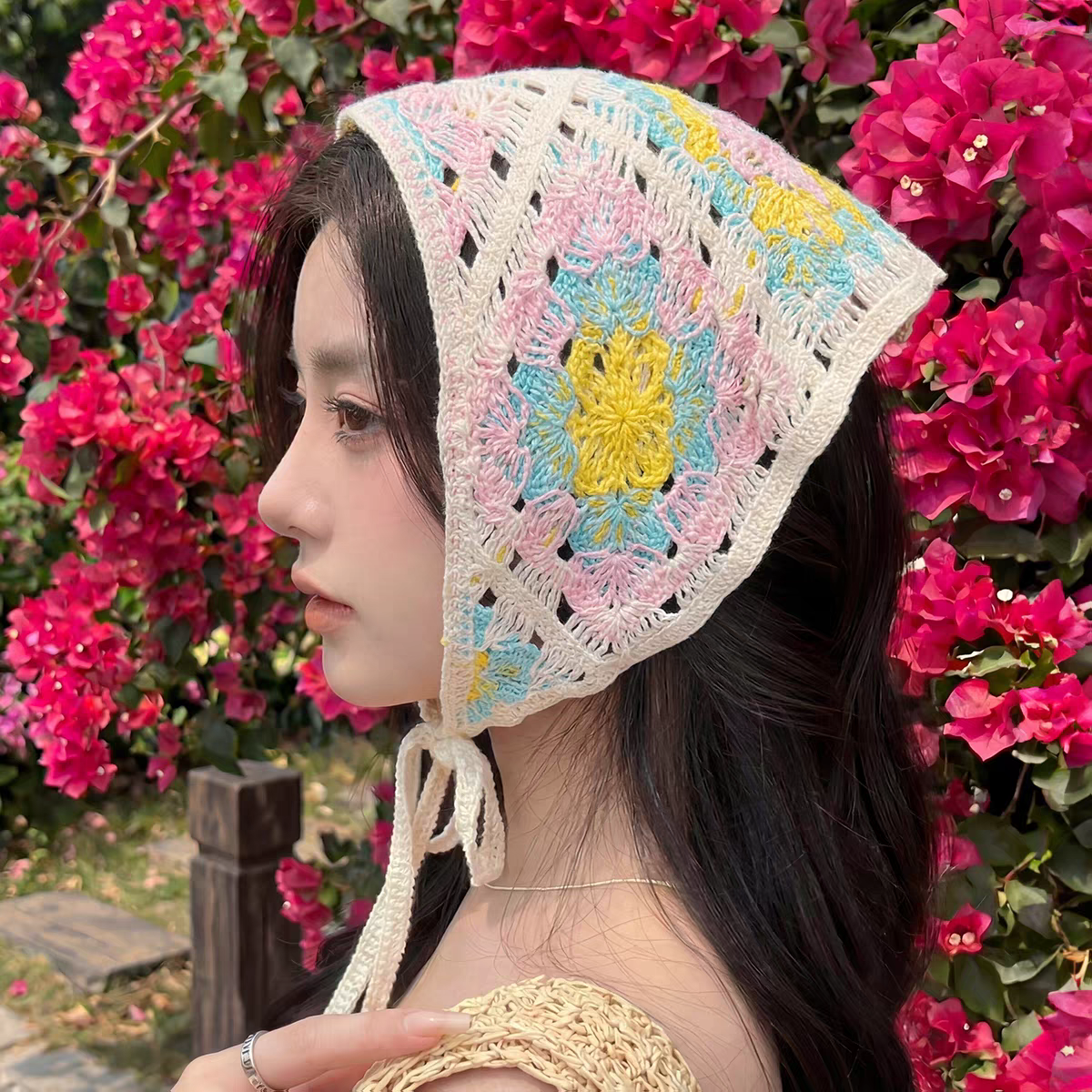 Khăn bandana đan thêu hoa hồng xanh 1663