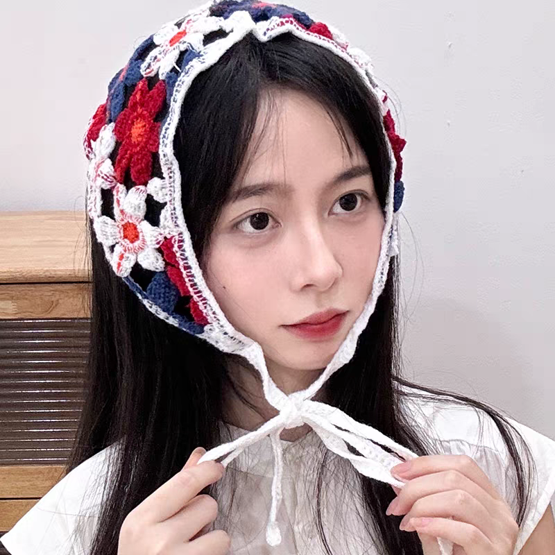 Khăn bandana đan thêu hoa xanh cam 1665