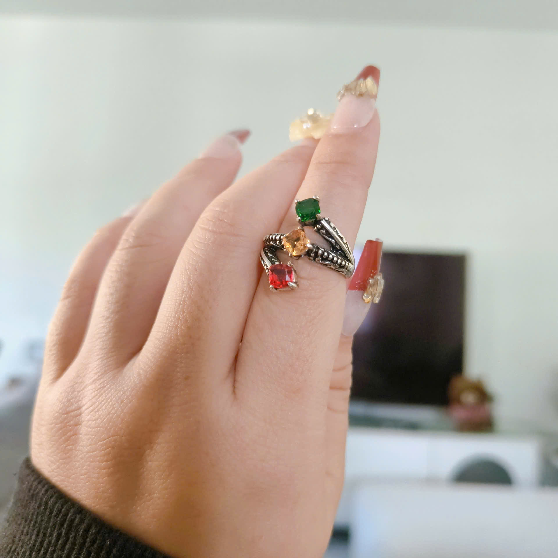 Nhẫn nước cổ lớn đá 3 màu 341