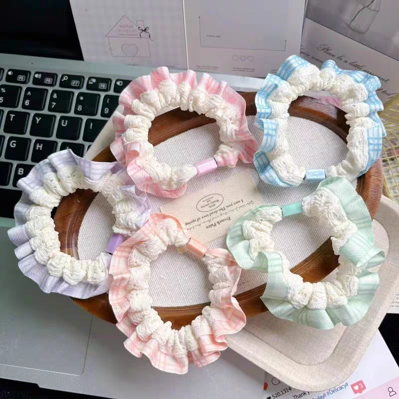 Set 2 Cột scrunchies nhỏ ren bèo caro 5076