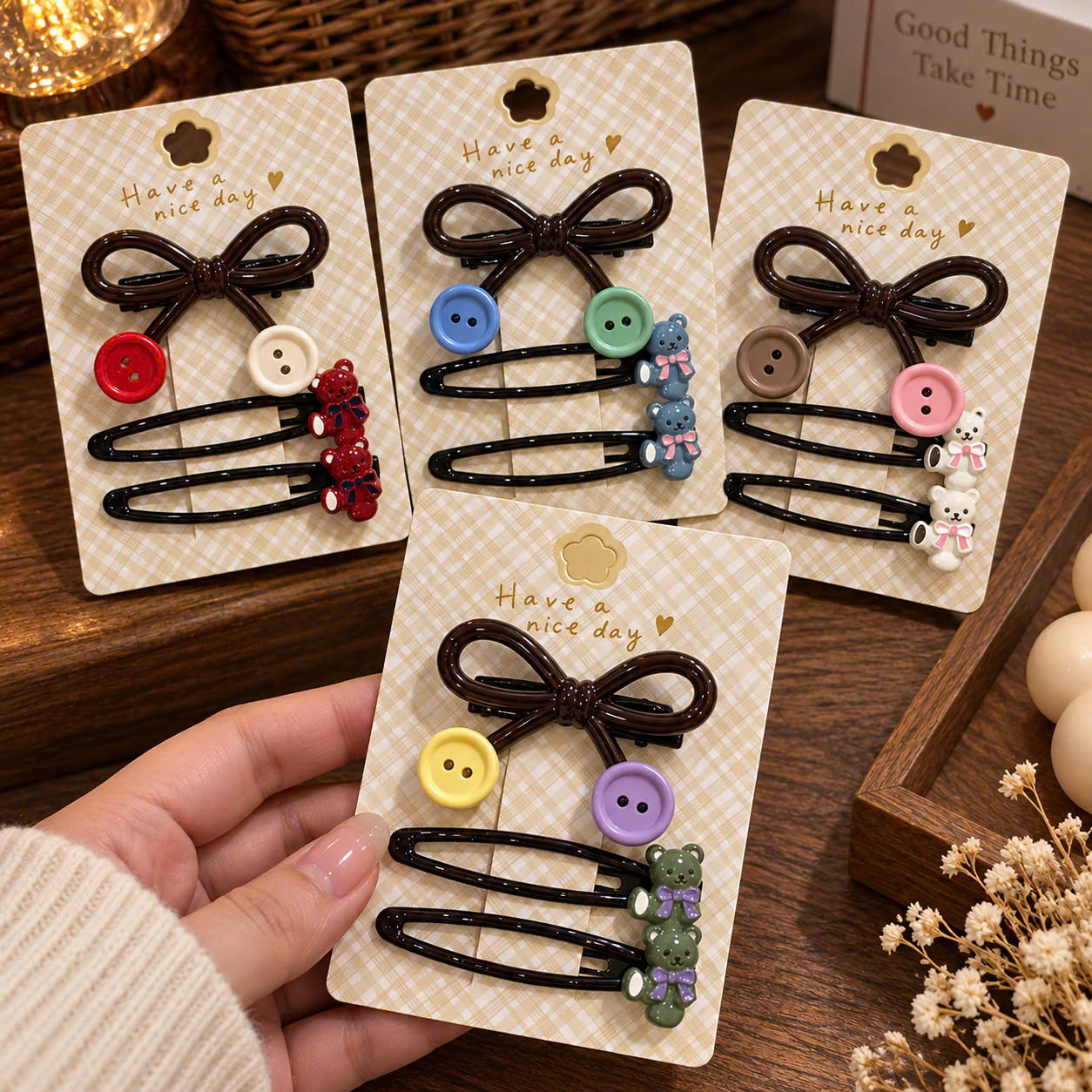 Set 3 kẹp tách mỏ vịt nơ hạt nút nâu đen 5155
