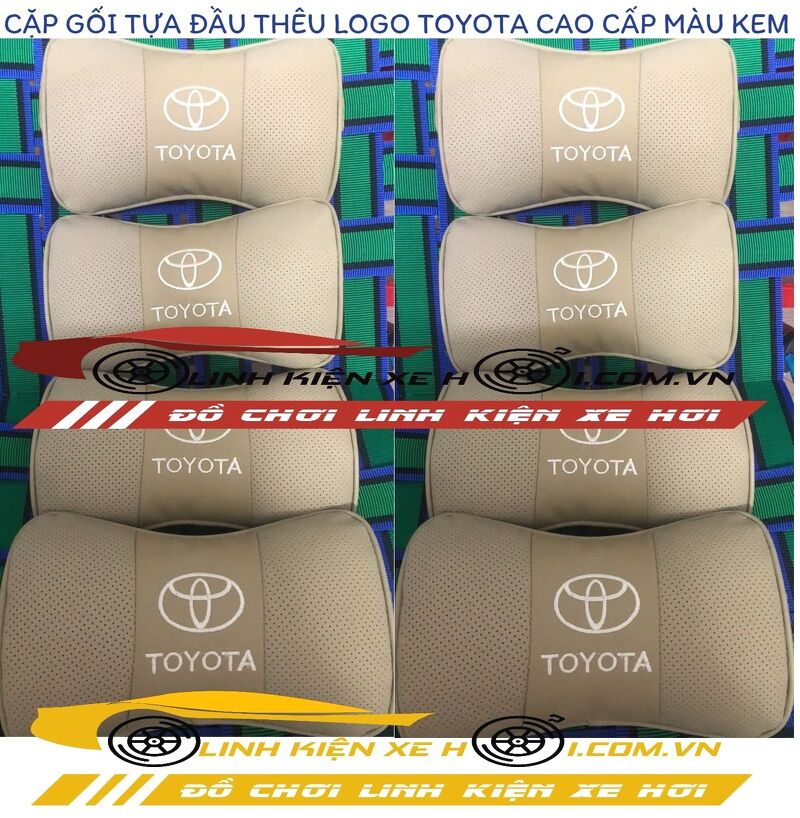 CẶP GỐI TỰA ĐẦU THÊU LOGO TOYOTA CAO CẤP MÀU KEM