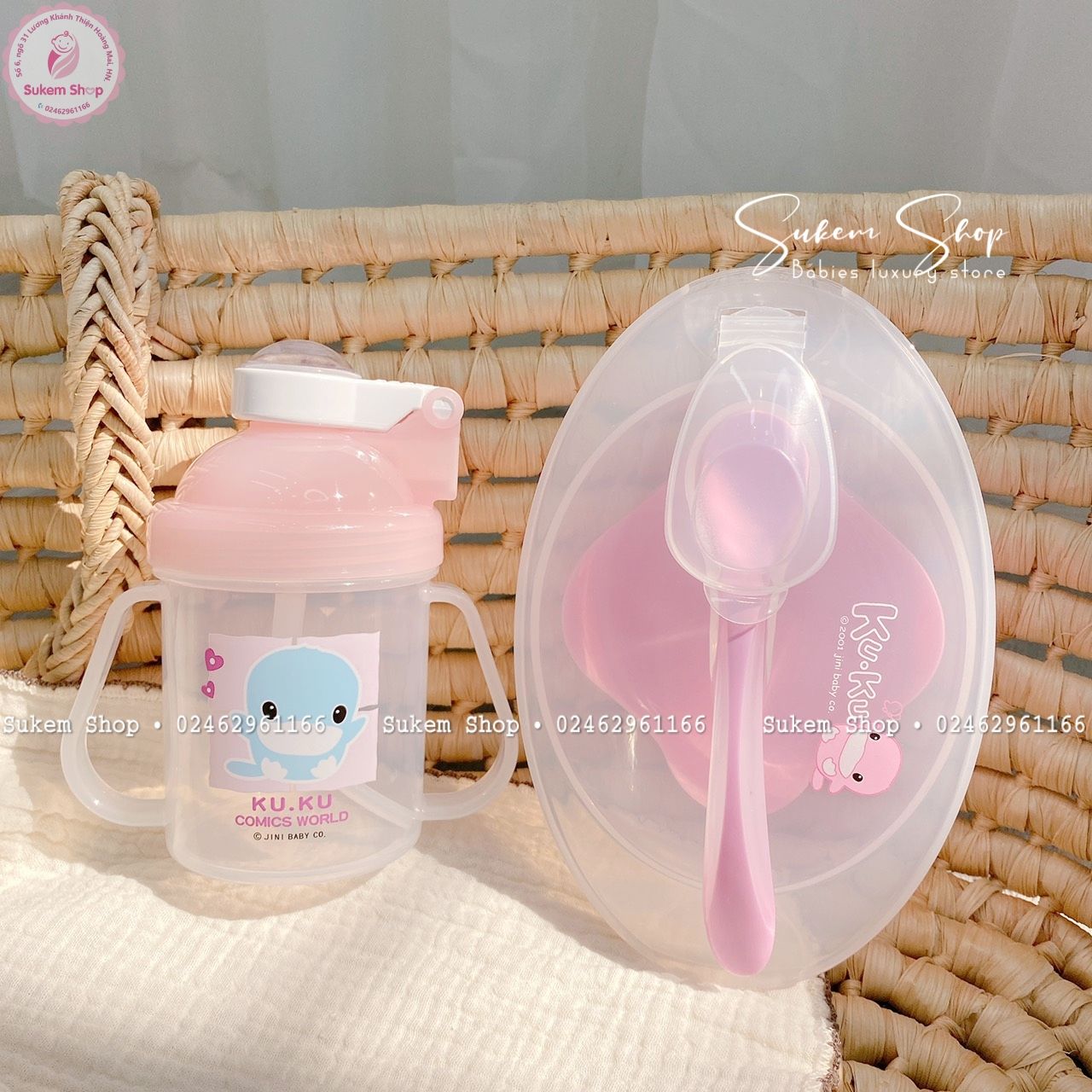 Bộ bát thìa có đế dính KUKU - Hồng