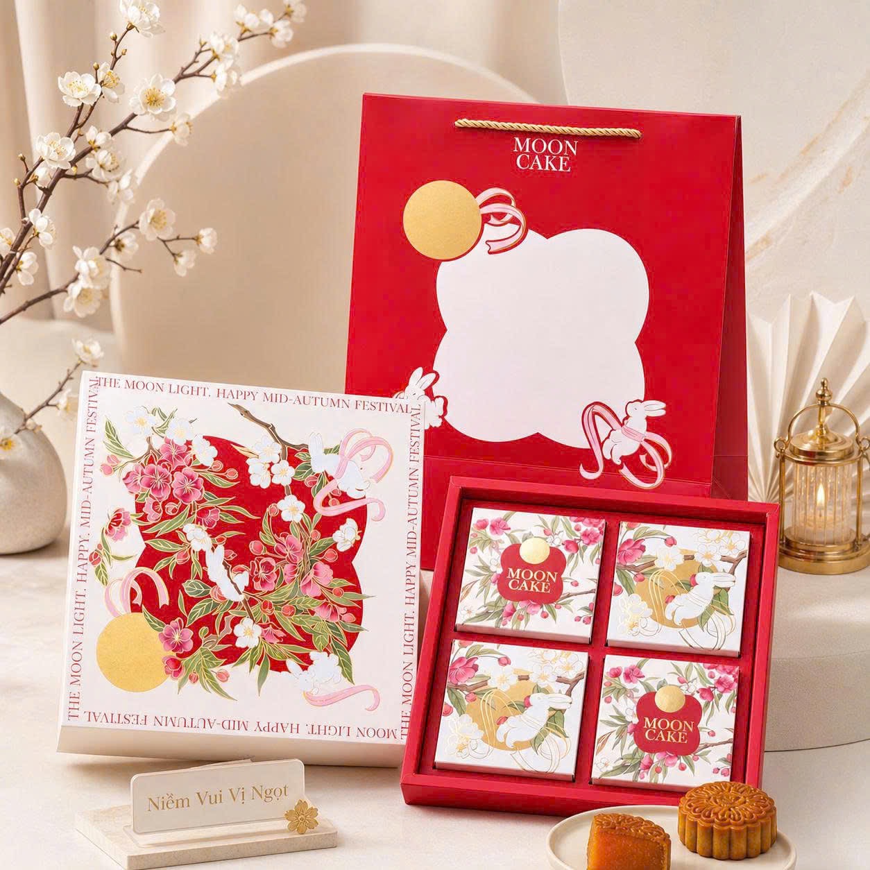 Hộp Trung Thu 4B Ngọc Thố Sum Vầy (1 Túi + 1 Khay + 1 Nắp + 1 Đế + 4 Hộp con + 2 Dây vàng Gold)