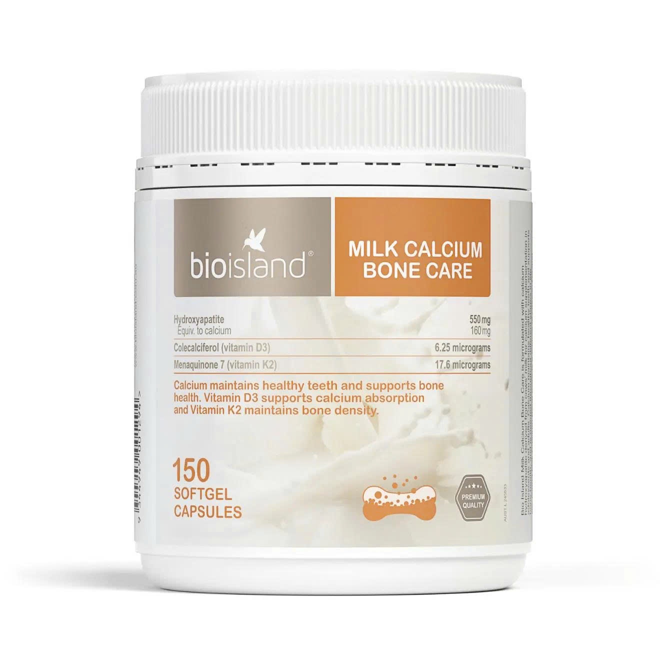 Viên uống canxi Bio Island Milk Calcium Bone Care - Canxi hữu cơ 150 viên -Tem phụ