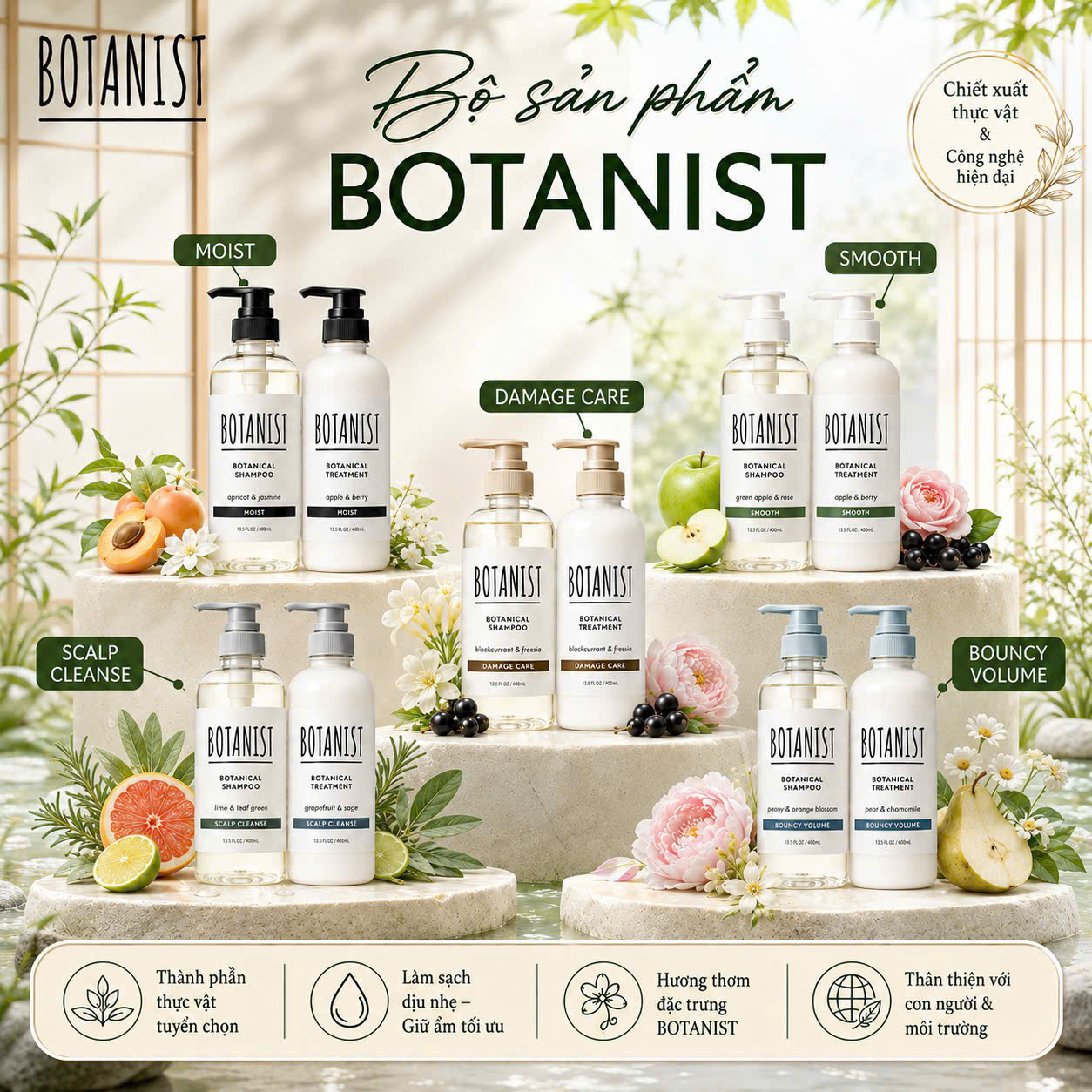 Bộ dầu gội xả thực vật BOTANIST botanical 490ml Nhật Bản