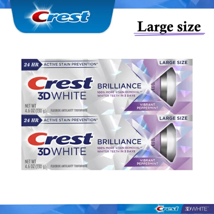 Set 2 Tuýp Kem đánh răng Crest 3D White Brilliance 130g bạc hà nguyên bản - Vibrant Preppermint màu tím