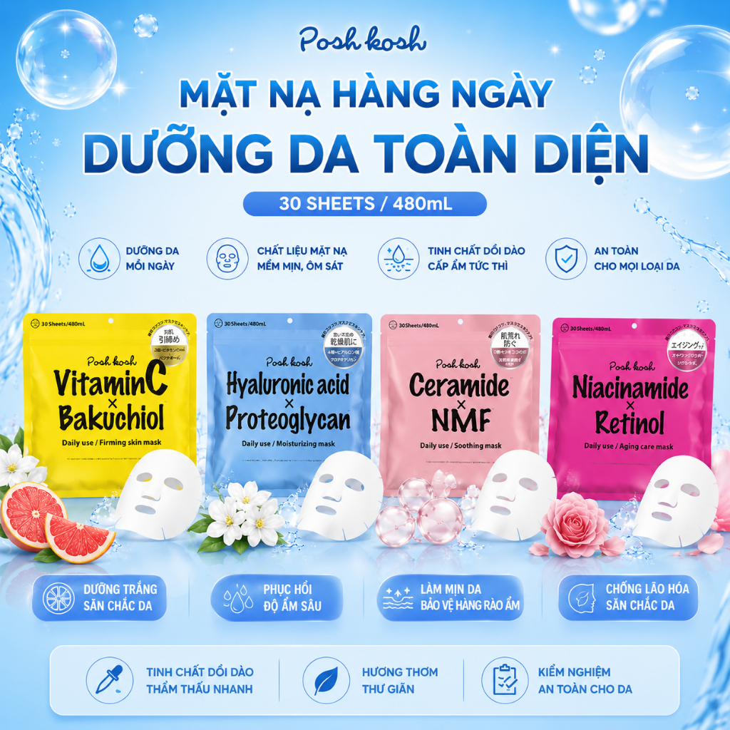 Mặt Nạ Dưỡng Da POSH KOSH Niacinamide & Retinol 30 Miếng Nhật Bản