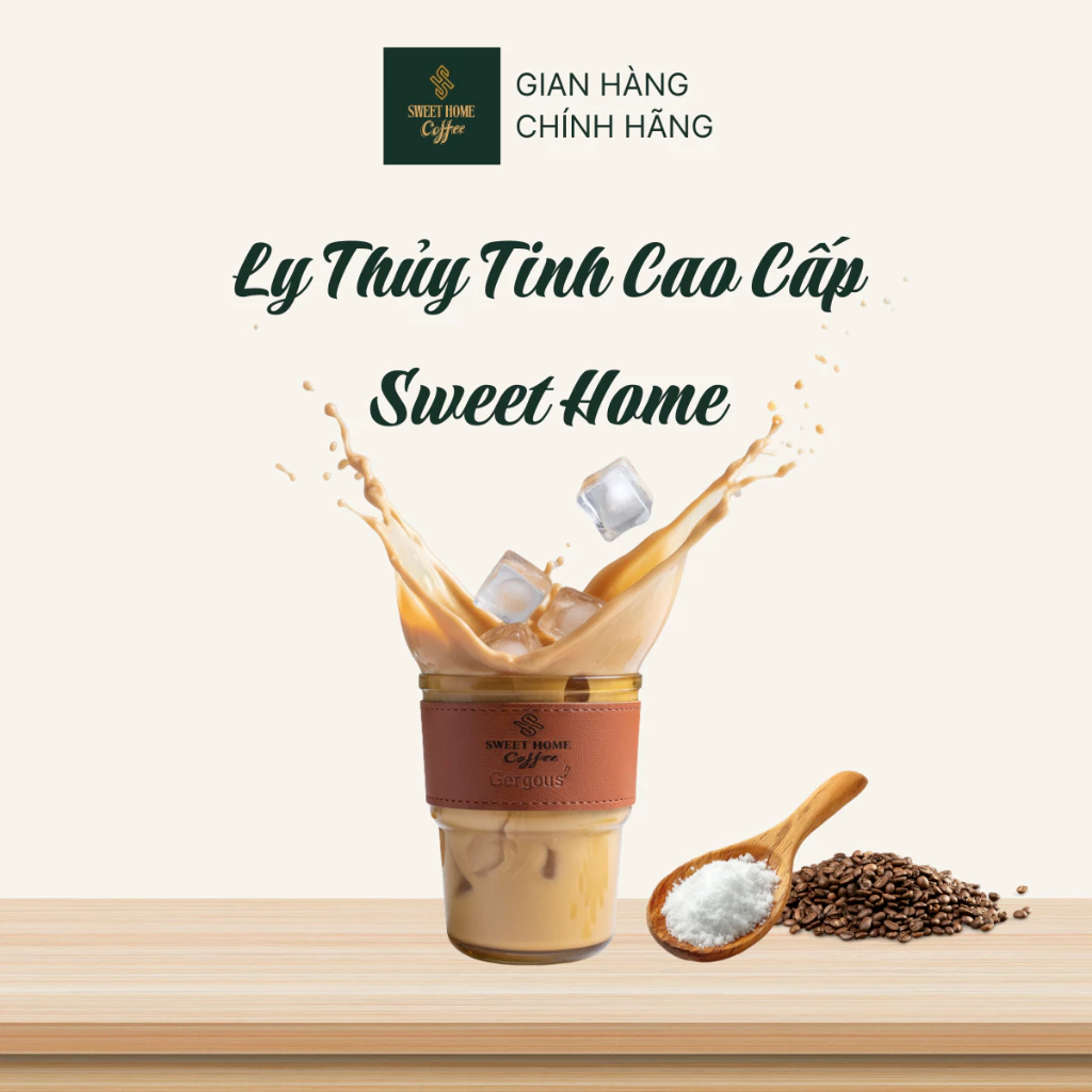 Ly Thủy Tinh Bọc Da Sweet Home Cao Cấp Kèm Ống Hút Thủy Tinh Tiện Lợi