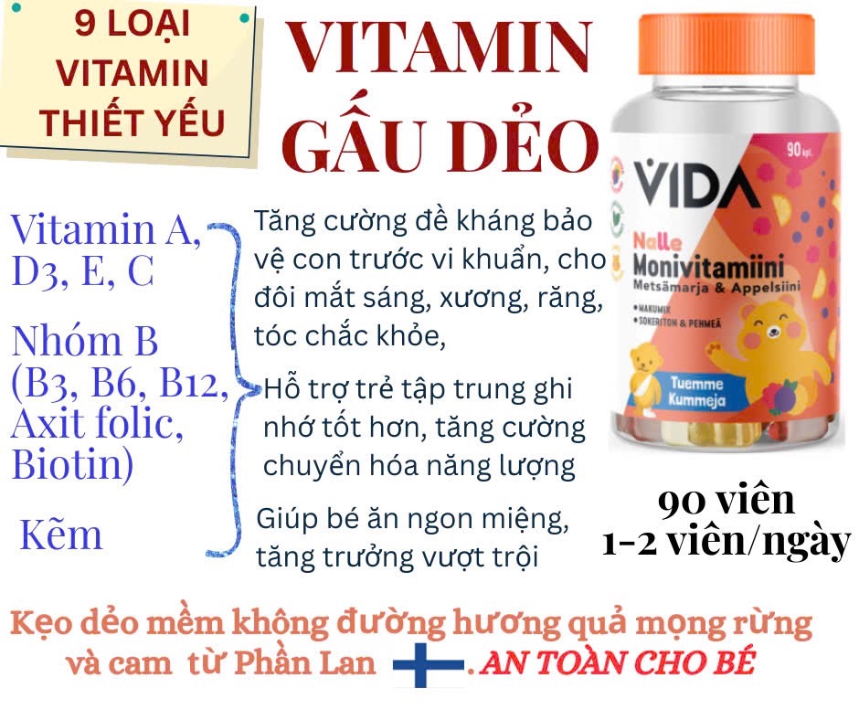 Vitamin tổng hợp vida monnivitamiin gấu dẻo cho bé 90v vị dâu tây, cam