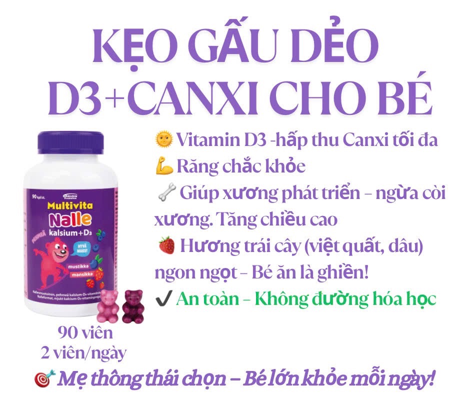 Canxi+D3 viên gấu dẻo 90v vị trái cây việt quất,dâu tây