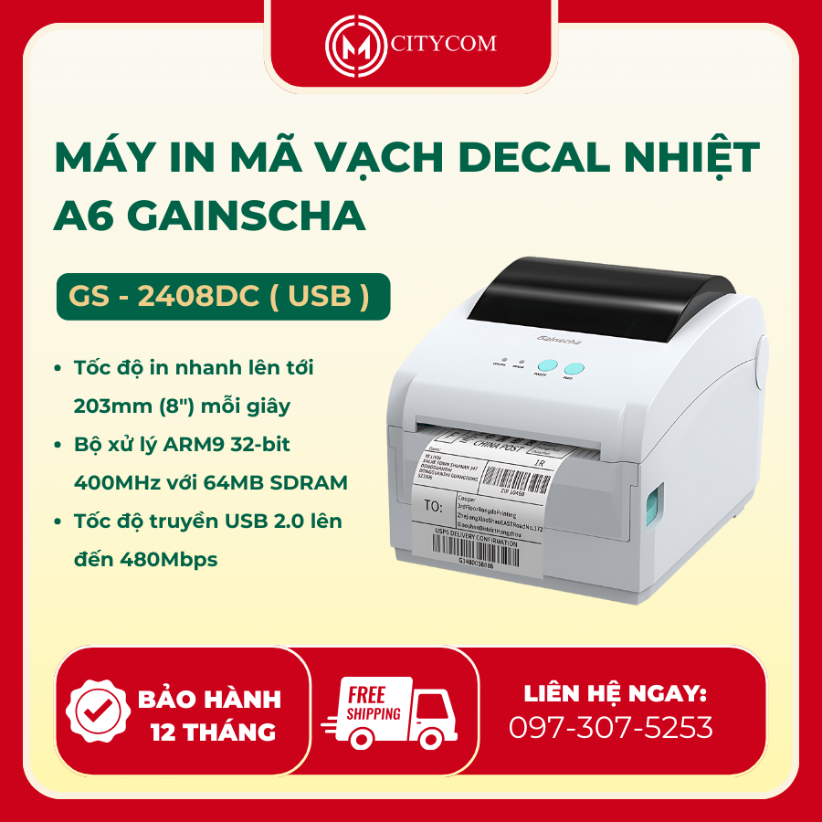 Máy in mã vạch decal nhiệt A6 GPRINTER GAINSCHA GS-2408DC [USB]