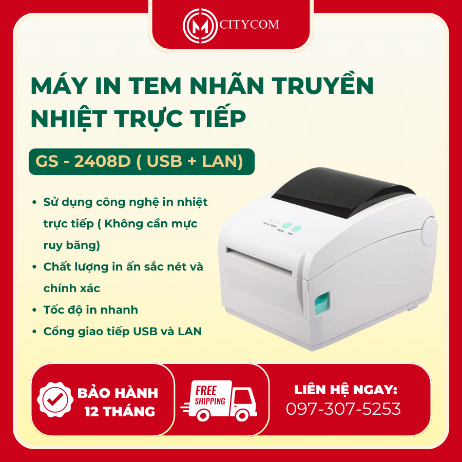 MÁY IN TEM NHÃN TRUYỀN NHIỆT TRỰC TIẾP 4 INCH GS - 2408D ( USB + LAN)