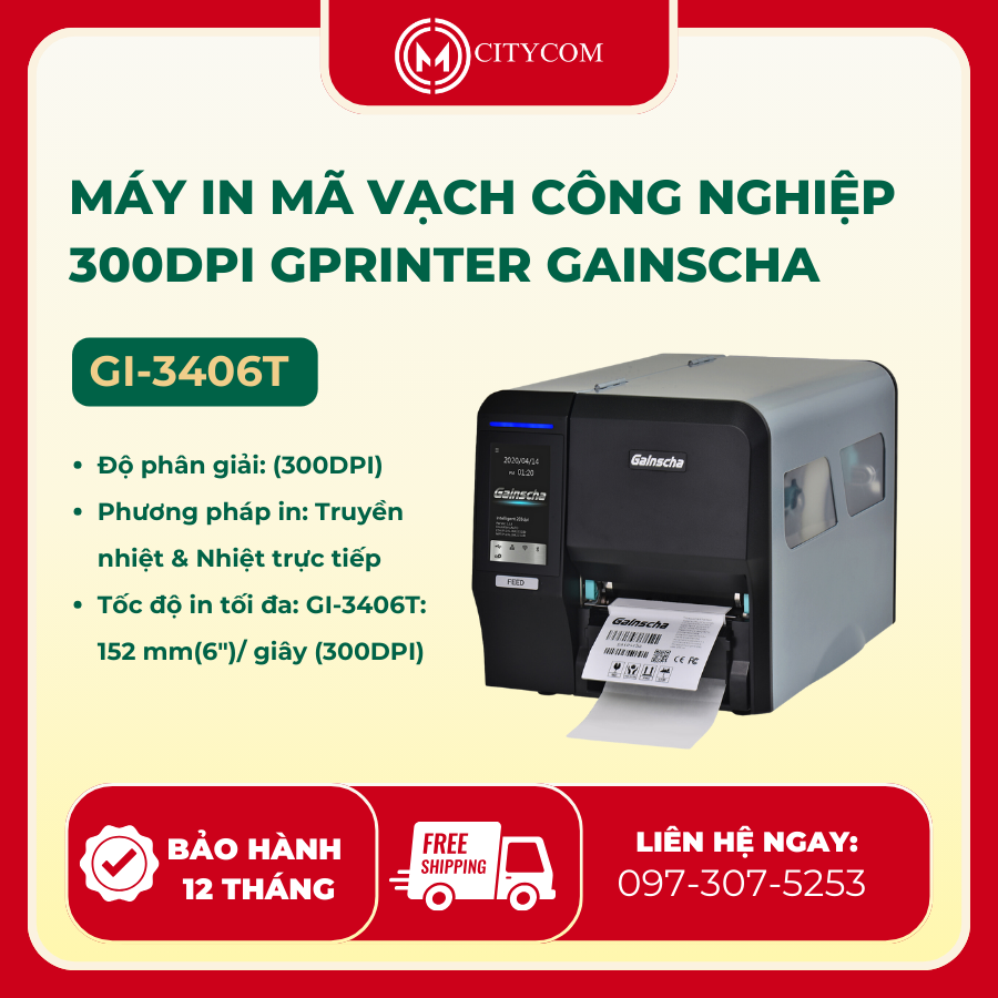 Máy in mã vạch công nghiệp 300dpi GPRINTER GAINSCHA GI-3406T (USB+ USB Hot+ LAN+ Serial)