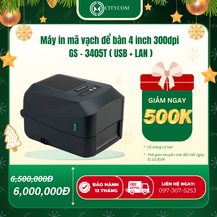 Máy in mã vạch để bàn 4 inch 300dpi GS - 3405T ( USB + LAN )