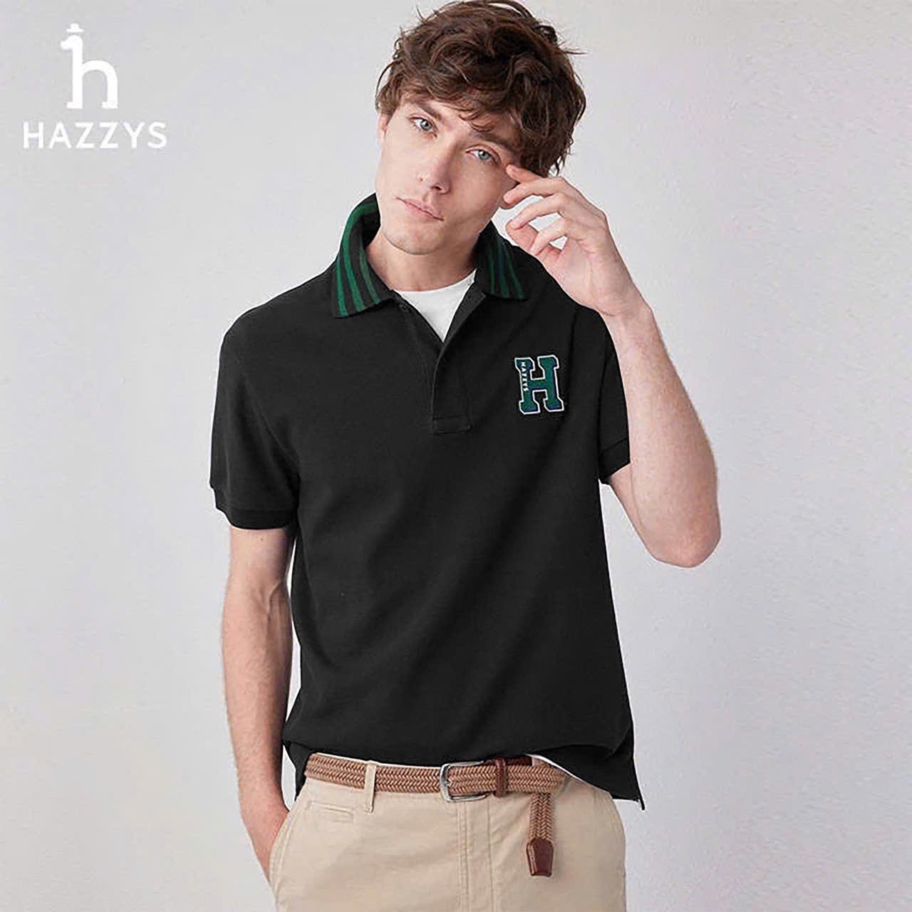 Polo nam Hazzy cổ viền xanh PLN240725-01