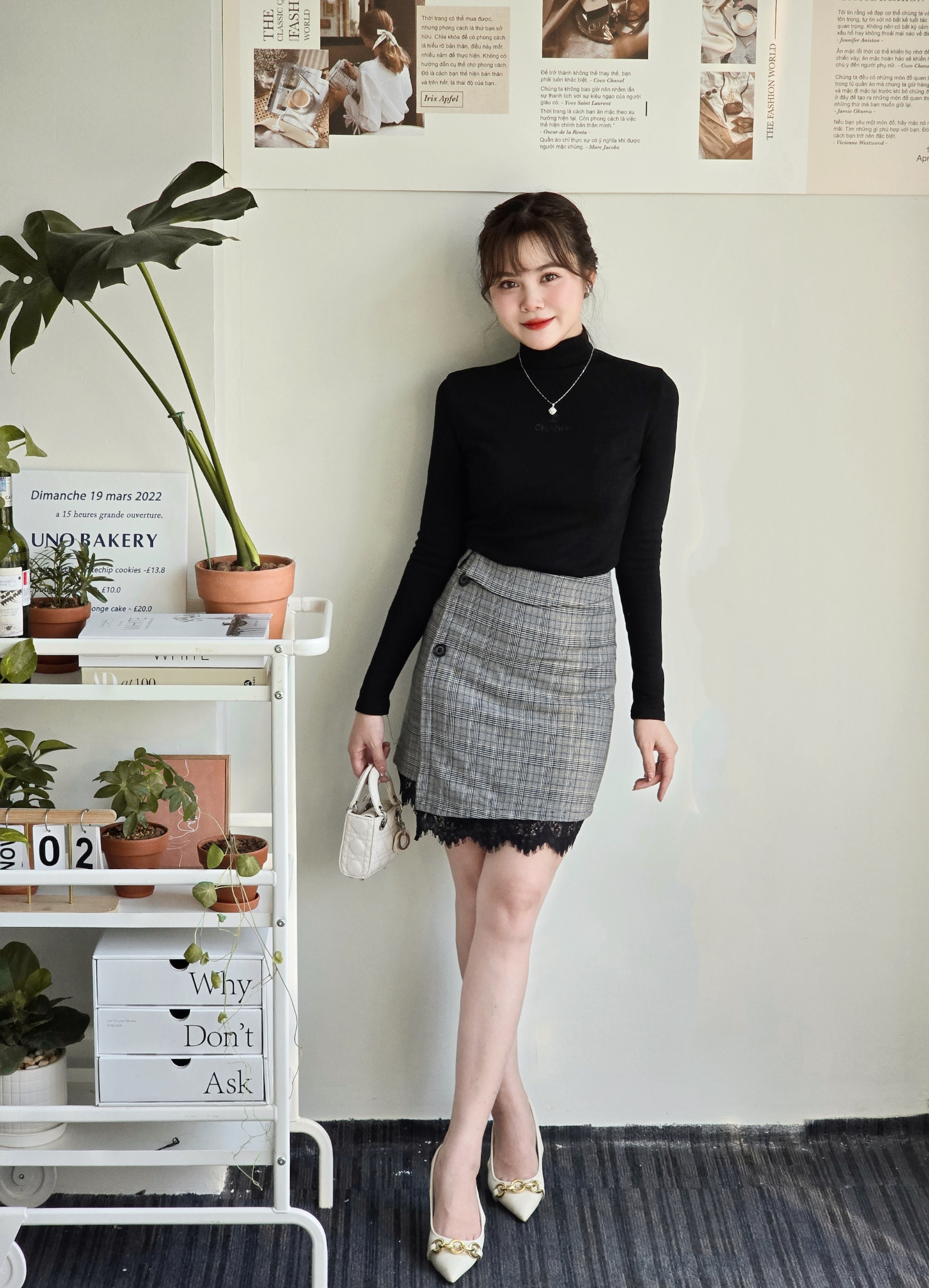 BF - Chân váy caro ghi phối ren - Size - S