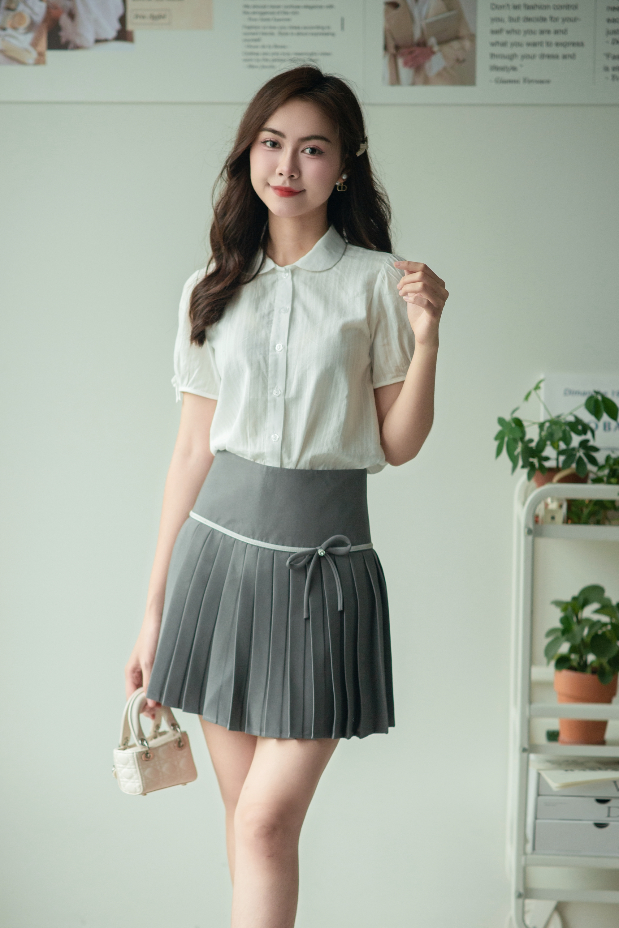 BF - Chân váy xếp - Li ngắn - Màu ghi - Size - S