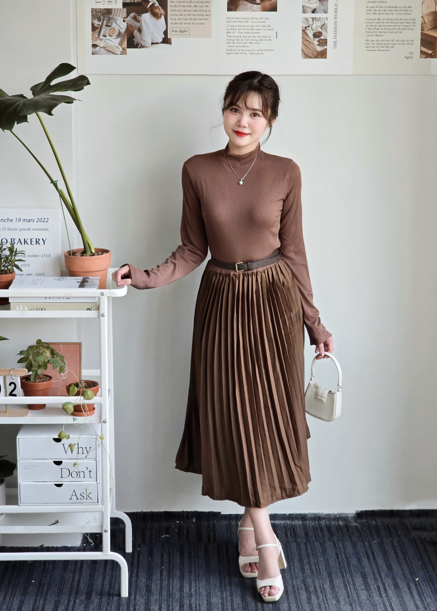 BF - Váy nâu xếp li dáng dài - S/- M