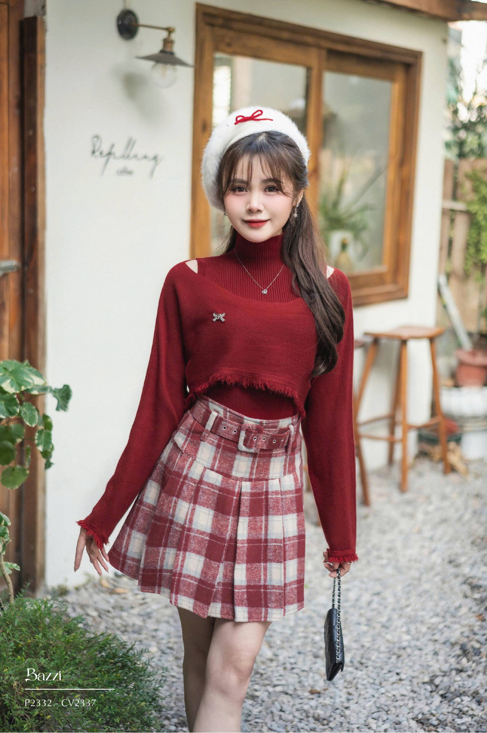 CV2337 - Chân váy xoè xếp li kèm đai