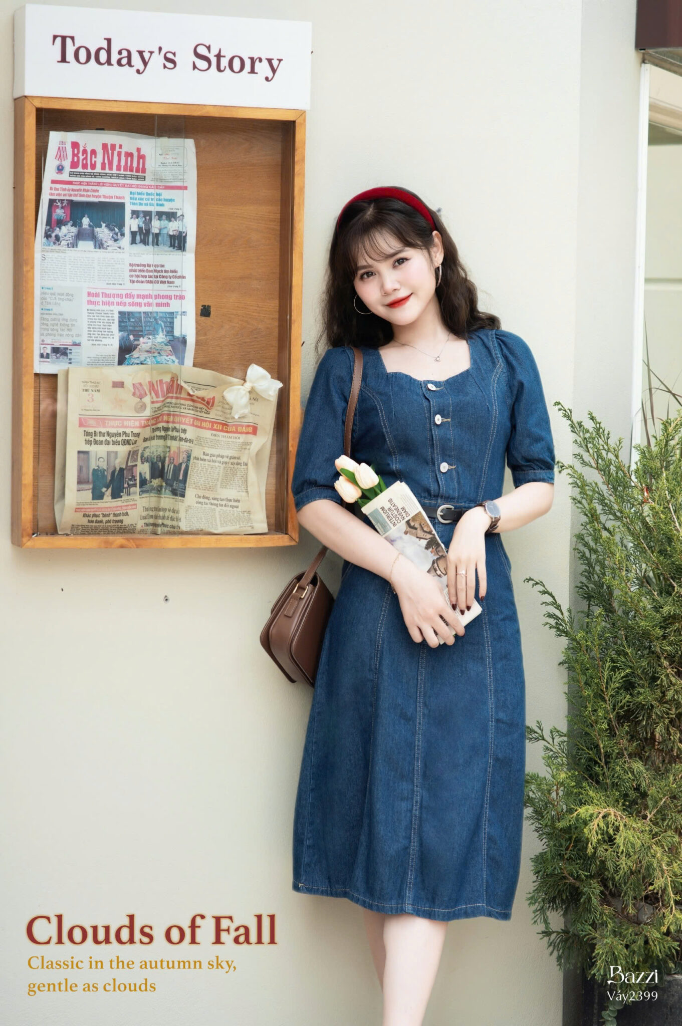 VB2399 - Váy jean cổ vuông 1 hàng khuy retro (Kèm đai)