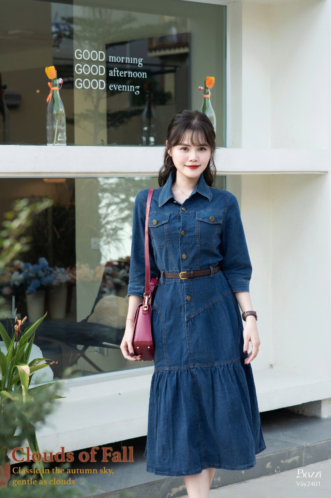 VB2401 - Váy jean cổ đức dáng xoè ( Kèm đai)