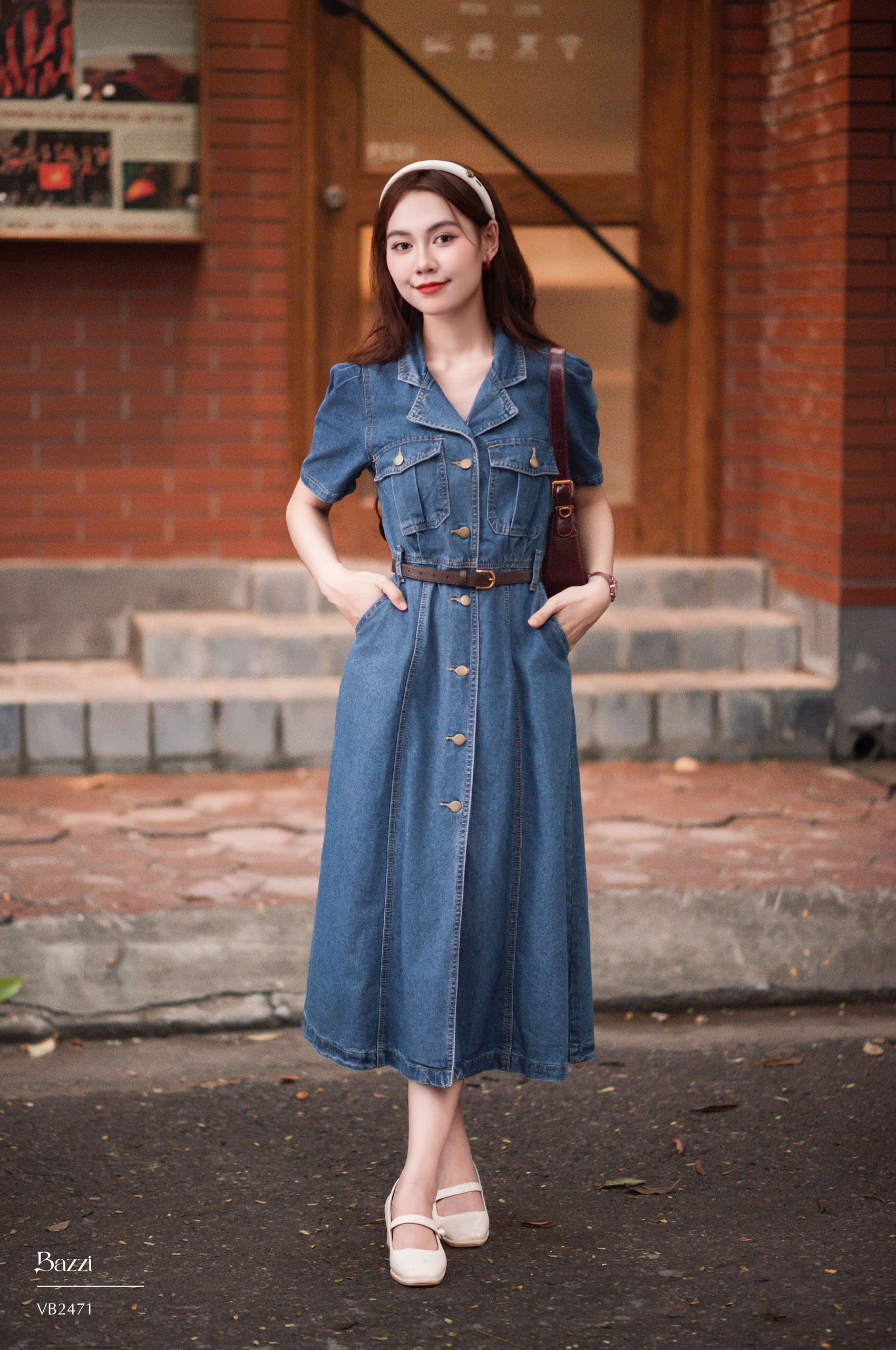 VB2471 - Váy bò cổ vest dáng A dài (kèm đai)