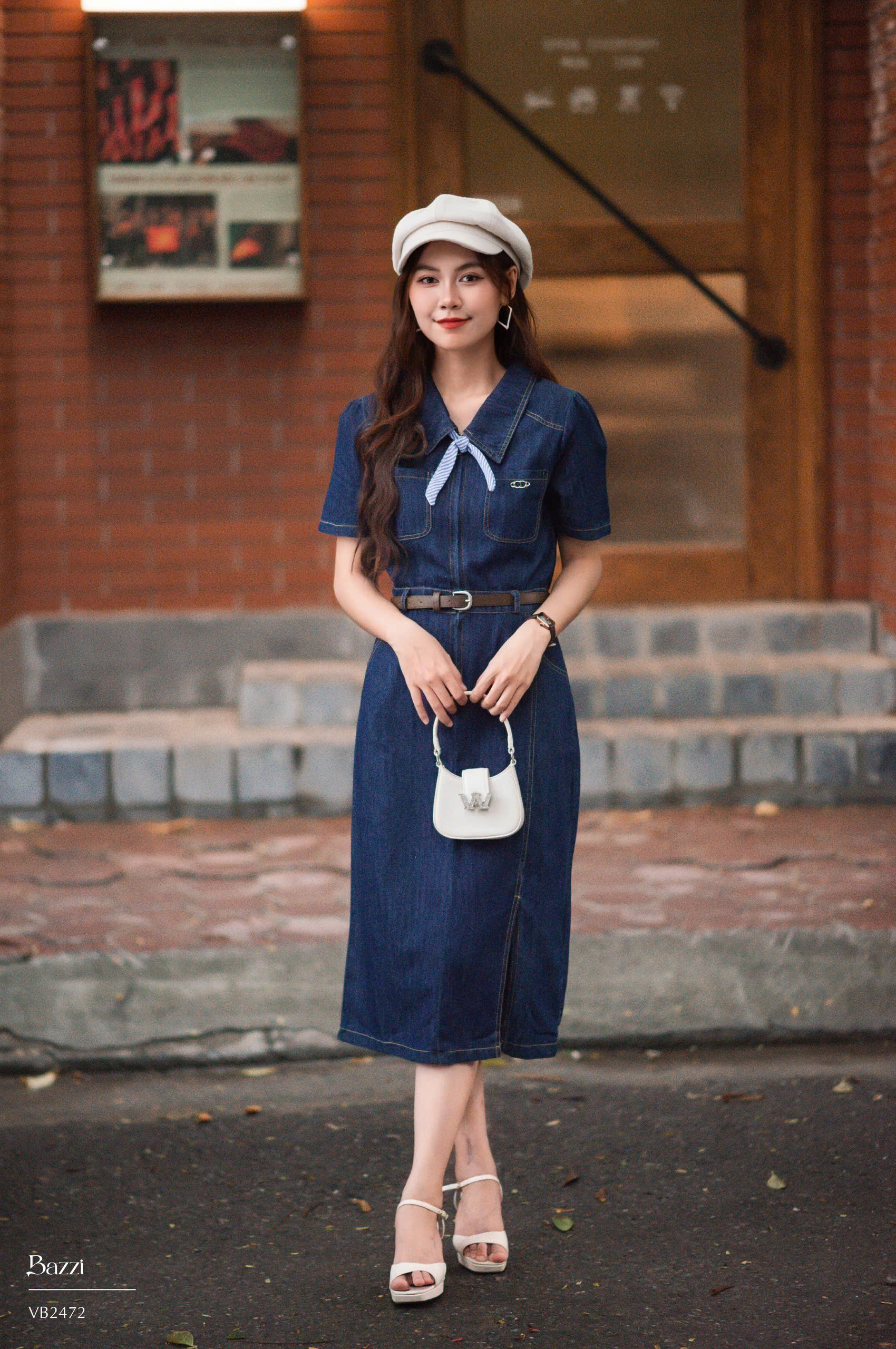 VB2472 - Váy bò cổ đức dáng A xẻ trước (kèm khăn + đai)