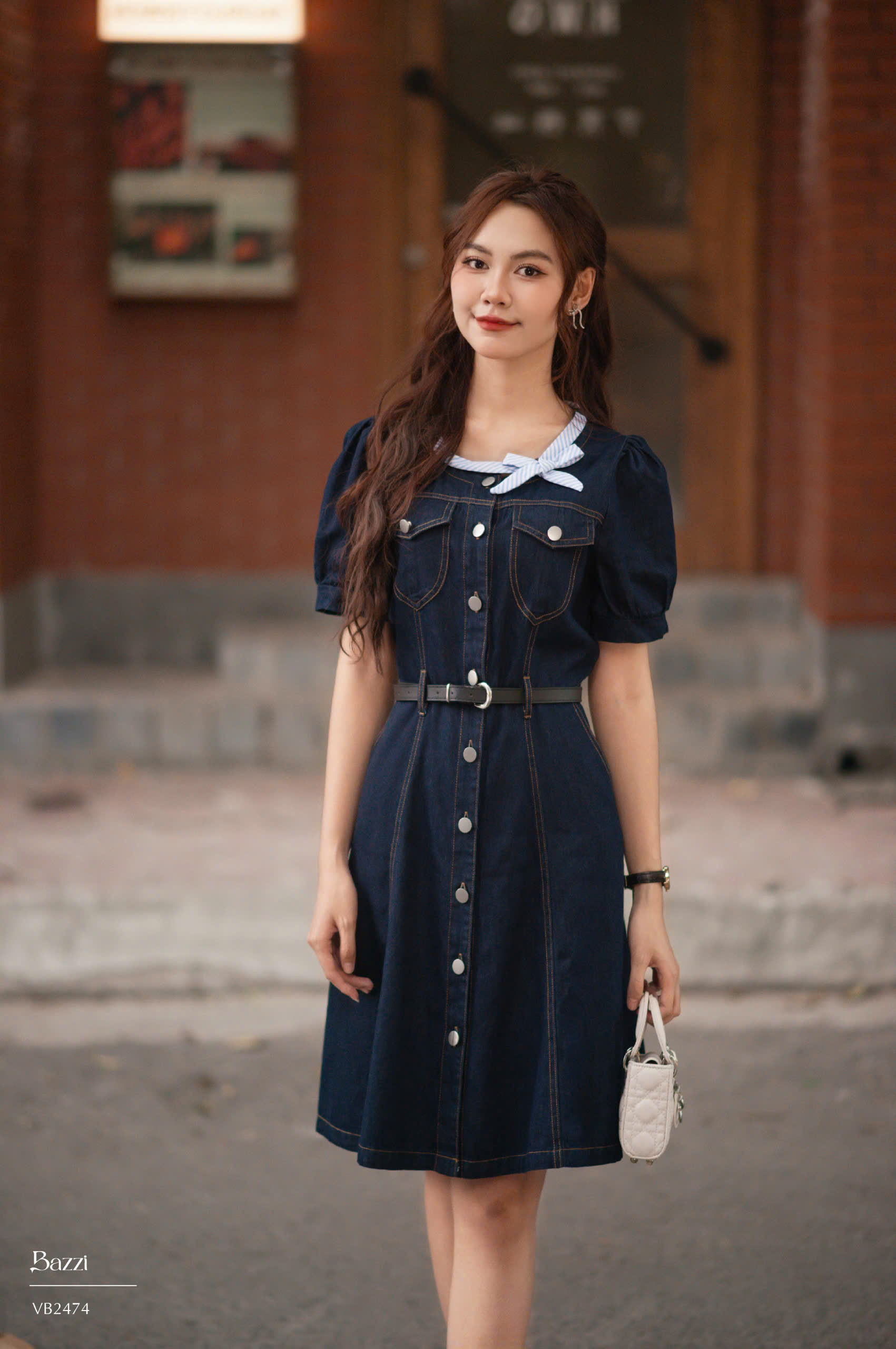 VB2474 - Váy bò cổ tròn dáng A( kèm đai + khăn)
