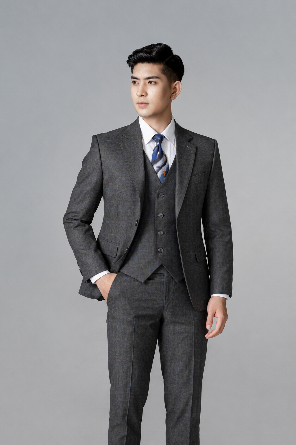 Bộ suit 2 khuy kẻ caro chìm S H202