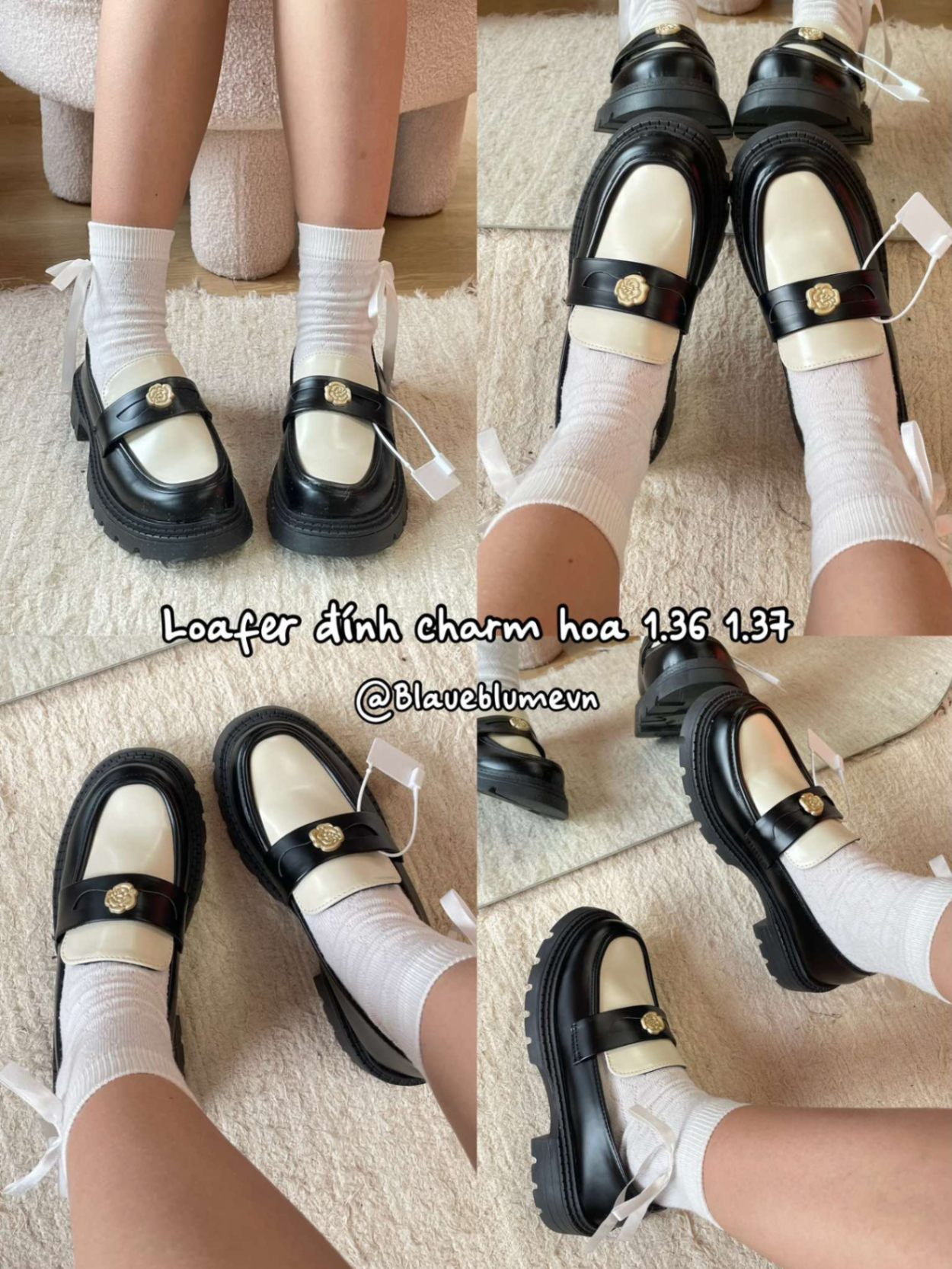 Loafer đính charm hoa trắng đen (hộp nâu có chữ sandy lady)