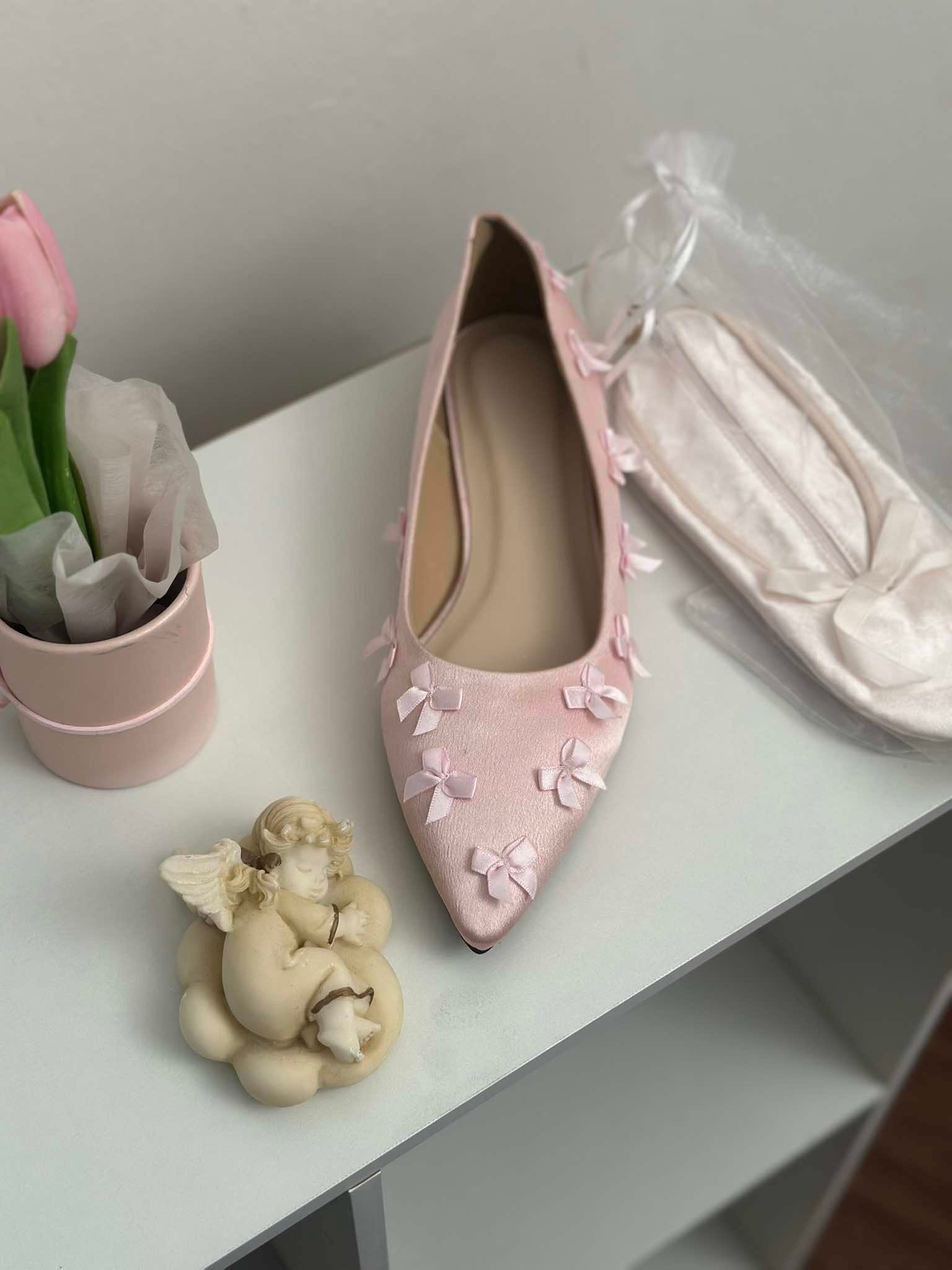 [KE4]🎀Angel Ribbon Shoes🎀 - bệt mũi nhọn satin đính nơ