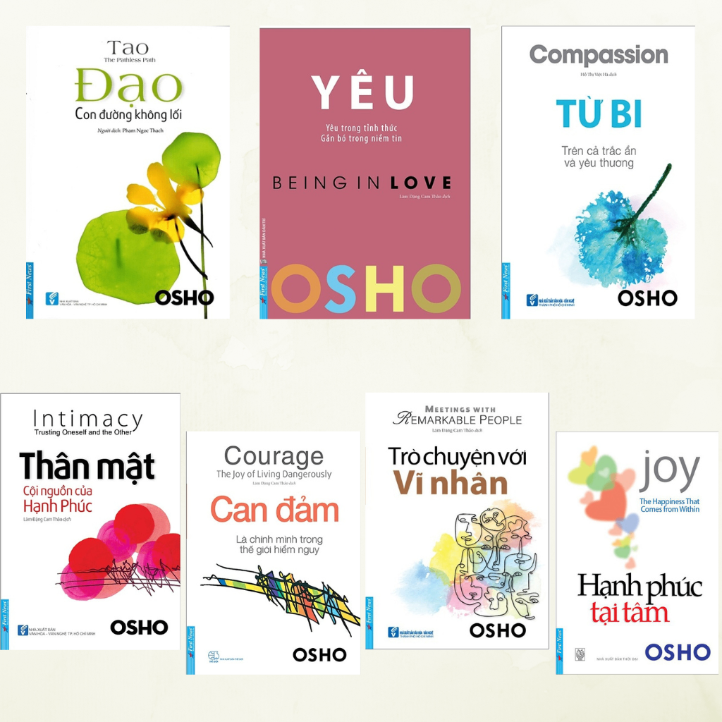 Combo 7 Quyển Osho : Đạo + Yêu + Từ Bi + Thân Mật + Can Đảm + Trò Chuyện Với Vĩ Nhân + Hạnh Phúc Tại Tâm