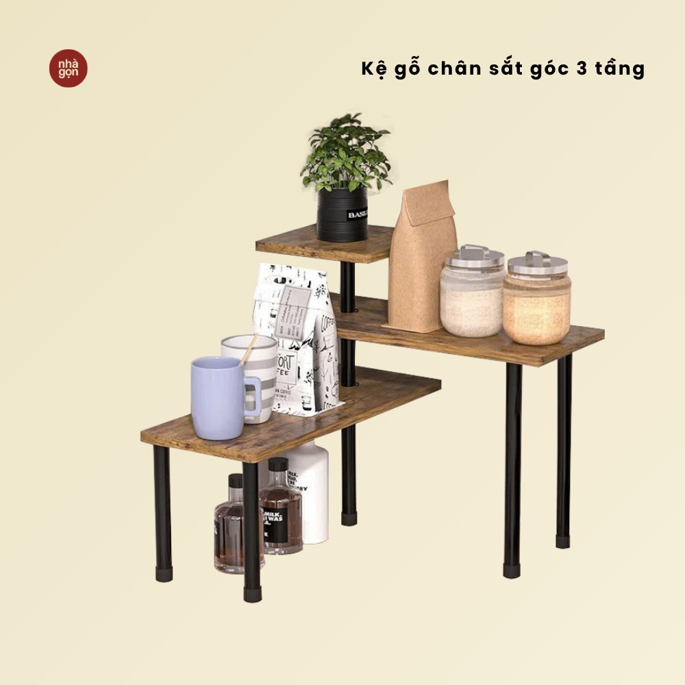 Kệ gỗ chân sắt góc 3 tầng