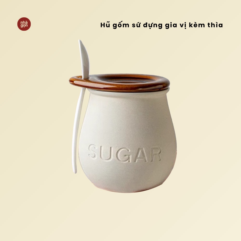 Hũ gốm sứ gia vị kèm thìa