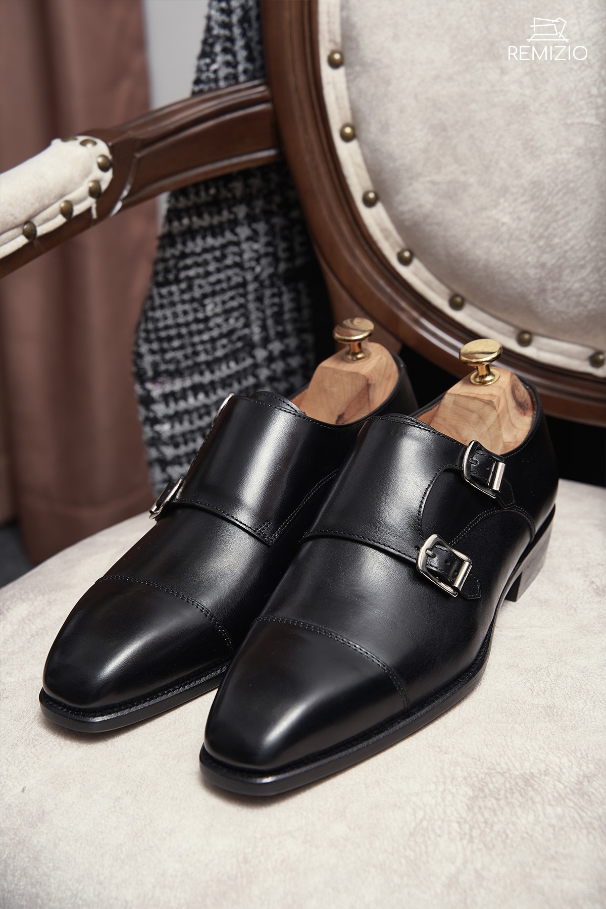 Giày Double Monkstrap Trơn Đen Cao Cấp RMZ-05B