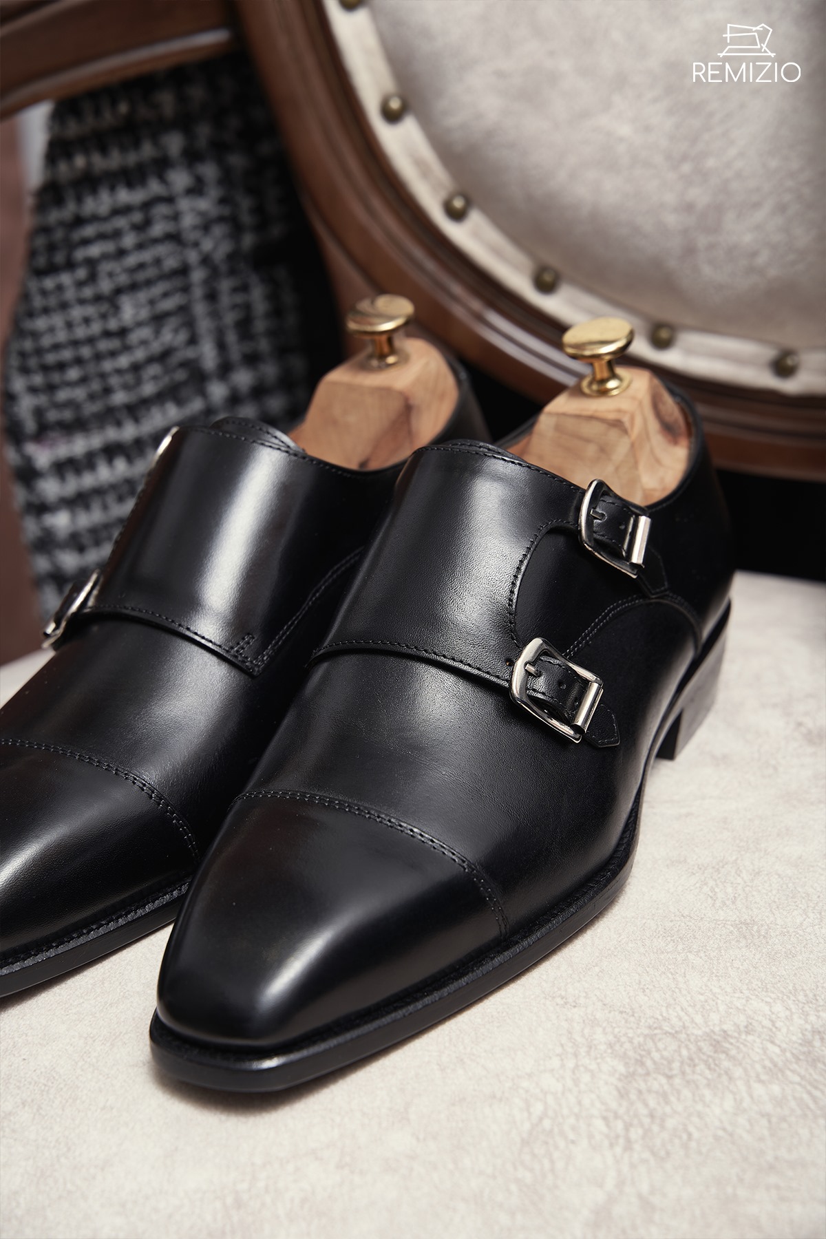 Giày Double Monkstrap Trơn Đen Cao Cấp RMZ-05B