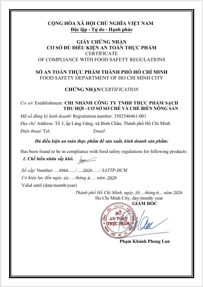 CHỨNG NHẬN ĐẠT VỆ SINH AN TOÀN THỰC PHẨM