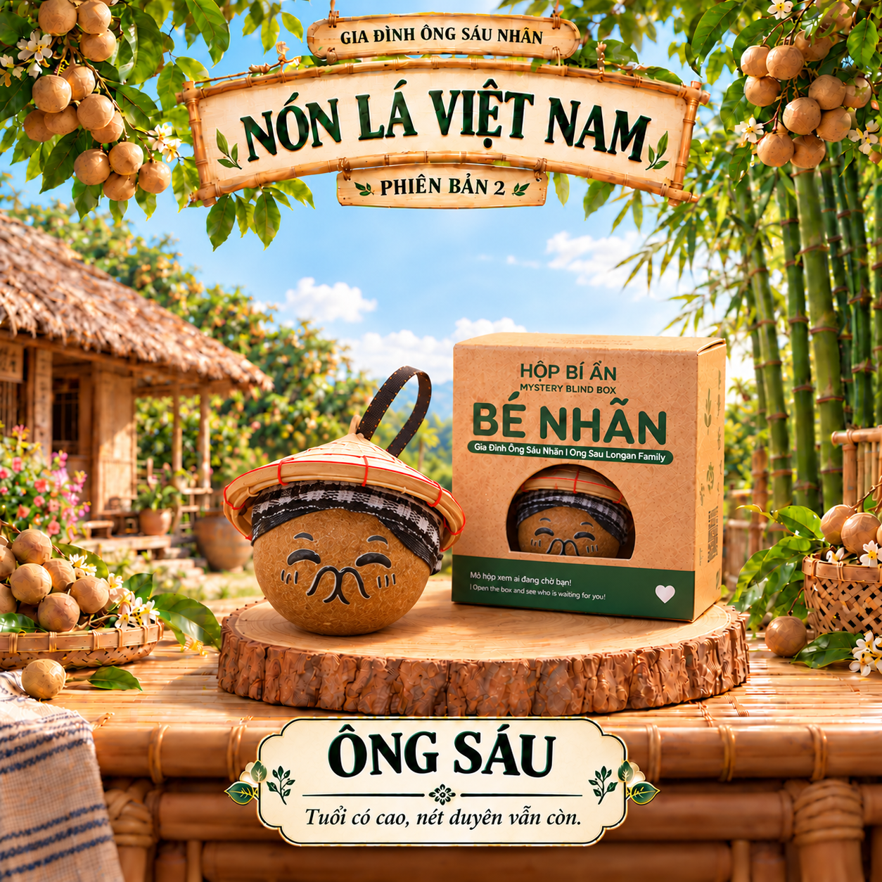 Bộ 6 bé Nhãn Nón Lá Việt Nam - Phiên bản 2 - Móc khoá thủ công từ trái nhãn